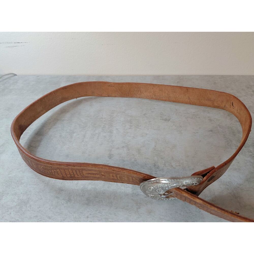 Vintage Lacoste Tooled Leather Western Belt Brown Croc Embossed Silver Buckle 38 - Picture 4 of 16